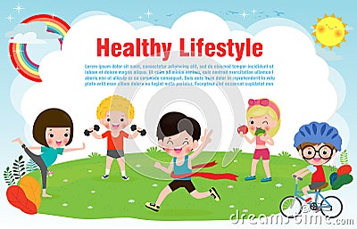 People Healthy Lifestyle, happy kids exercise poses and yoga asana for fitness design with text template, Cute cartoon gymnastics Vector Illustration
