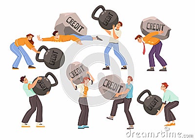 People with Heavy Stone and Kettlebell as Severity of Loan and Mortgage Vector Set Vector Illustration