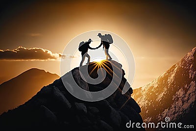 People helping another one to reach mountain summit Stock Photo