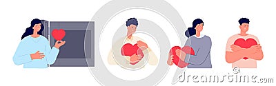 People hide feelings. Disappointment in love, betrayal and loneliness. Heart broken characters. Men women holding hearts Vector Illustration