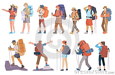 People with hiking backpack and trekking sticks. Young men and women explorer or traveller in sportswear. Adventure Vector Illustration