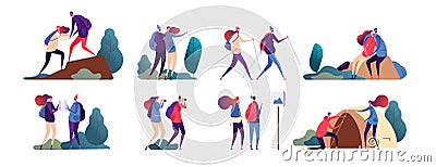 People hiking. Young couple travel together. Happy family, tourists in camping and hike in nature. Vector camper Vector Illustration