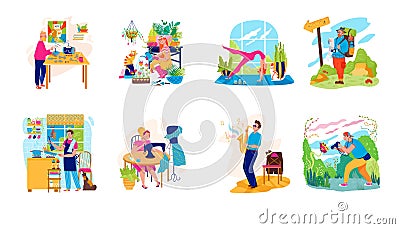 People in hobby activity vector illustration set, cartoon flat man woman hobbyist character enjoying hobbies icons Vector Illustration