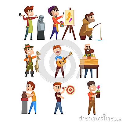People hobby set. Cartoon male characters. Sculpturing, painting, fishing, hunting, playing guitar, gardening, playing Vector Illustration