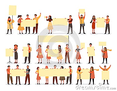 People hold banner set. Collection of group of character with blank empty board Vector Illustration