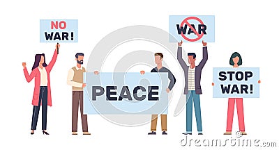 People hold banners and placards demanding an end to war. Anti-war social movement. Peaceful demonstration, student Vector Illustration