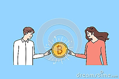 People hold bitcoin work with cryptocurrency Vector Illustration
