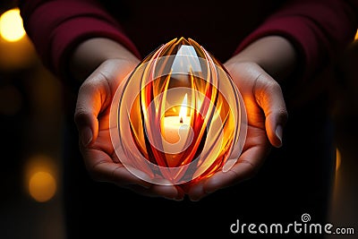 People hold an easter egg shaped candle lighting it with joy and warmth in celebration, easter candles picture Stock Photo