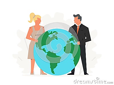 People hold a large planet. Concept of ecology and World Health Day illustration. Vector Illustration