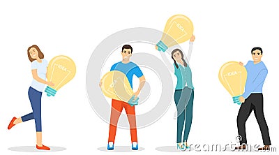 People hold a light bulb with the inscription idea. New idea, new technology, startup. Starting a startup. Vector illustration of Cartoon Illustration
