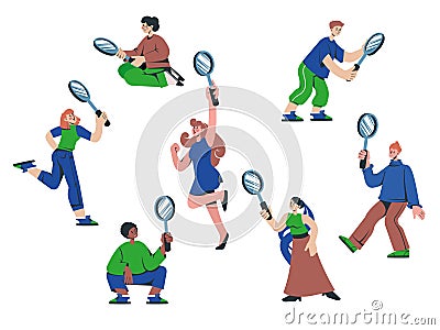 People hold magnifier glass. Search person curious, job investigate, detective research, men and women flat cartoon Vector Illustration