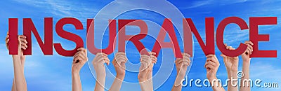 People Hold Red Straight Word Insurance Blue Sky Stock Photo