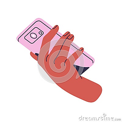 People hold smartphone in hand. Cellphone with touch screen. Person using mobile phone, device with camera. Modern Vector Illustration