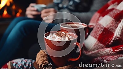 People hold in their hands two mugs of hot chocolate with marshmallows near the fireplace, on a winter evening. AI Stock Photo