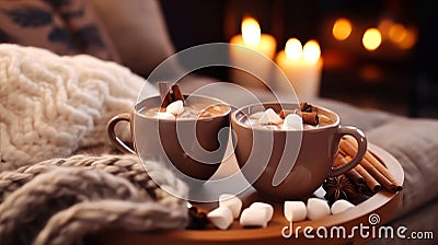 People hold in their hands two mugs of hot chocolate with marshmallows near the fireplace, on a winter evening. AI Stock Photo