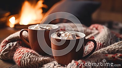 People hold in their hands two mugs of hot chocolate with marshmallows near the fireplace, on a winter evening. AI Stock Photo
