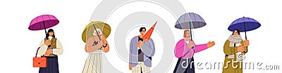 People hold umbrellas in hand to save from rain. Men and women with brolly to protect from rainy weather. Characters Vector Illustration