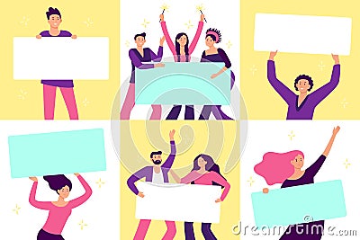 People holding banners. Demonstrate campaign celebrate colored style Vector Illustration