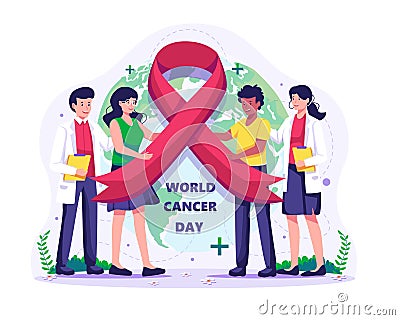 People are holding a big red ribbon together to celebrate World Cancer Day. Vector illustration Vector Illustration