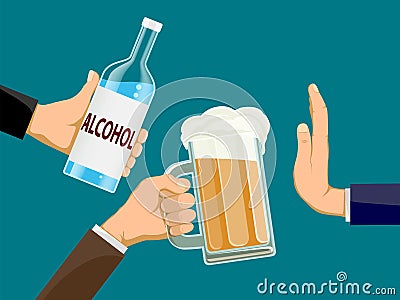 People is holding a bottle of alcohol and glass of beer in hands Vector Illustration