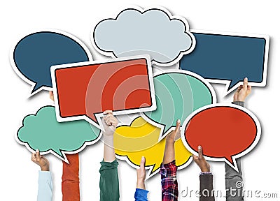 People Holding Colourful Speech Bubbles Stock Photo