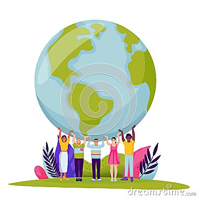 People holding Earth planet. Vector Save Earth Day illustration. Tiny men and women hold world globe on hands Vector Illustration