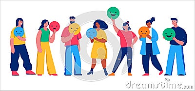 People holding emoji, smiley icon, giving review rating and feedback. Customer choice and employee feedback. Rank rating Vector Illustration