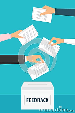 People holding feedback papers and putting them into ballot box Vector Illustration