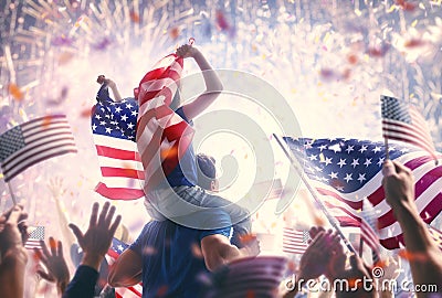 People holding the Flags of the USA. Stock Photo