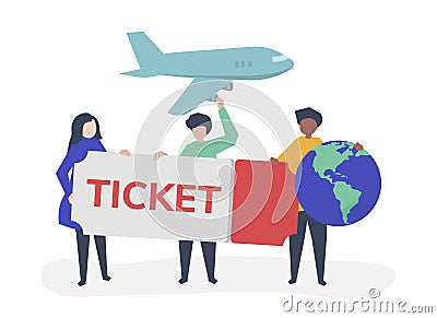 People holding a flight ticket travel related icons Vector Illustration