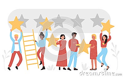 People holding golden stars over heads. Comments rate service, leave feedback consumer, five points score positive Vector Illustration