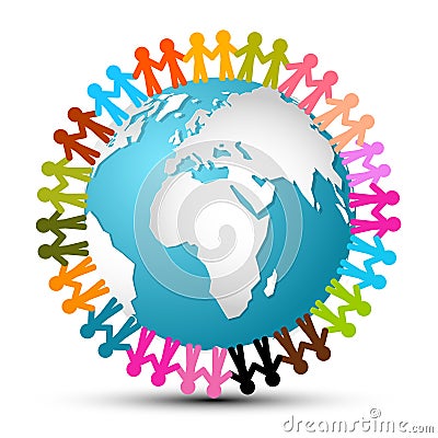 People Holding Hands Around Globe Vector Illustration