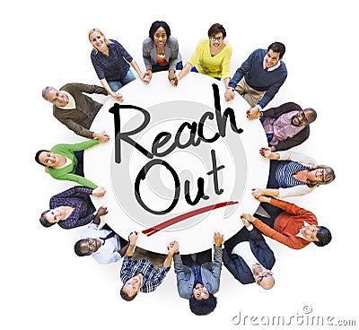 People Holding Hands Around the Word Reach out Stock Photo