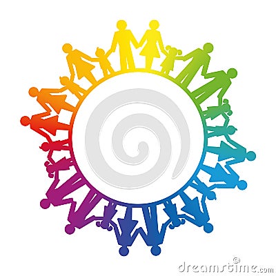 Group of people, connected by holding hands, forming a rainbow circle Vector Illustration