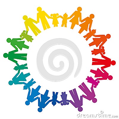 Rainbow circle formed by men, women, boys and girls holding hands. Pictograms of connected people standing in a circle to express Vector Illustration