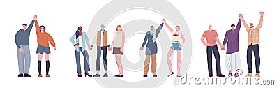 People holding hands. Happy multicultural different characters, men and women, young and adult. International community Cartoon Illustration