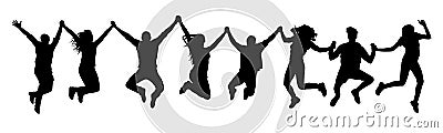 People holding hands in a jump silhouette. Vector Illustration