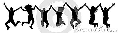 People holding hands in a jump silhouette. Funny friends jump background. Vector Illustration