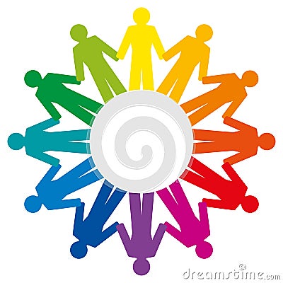 People holding hands, forming a rainbow circle, abstract symbol Vector Illustration