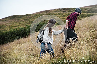 People Holding Hands Walking Mountain Togetherness Hiking Concept Stock Photo