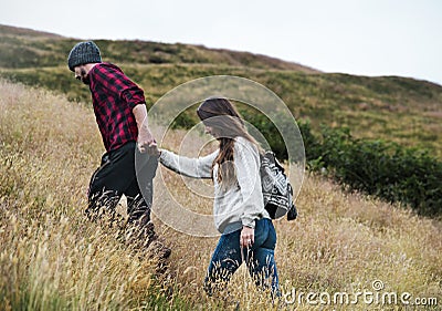 People Holding Hands Walking Mountain Togetherness Hiking Concept Stock Photo