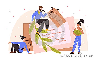 People holding paper letter envelope, small characters write, receive or send mail Vector Illustration