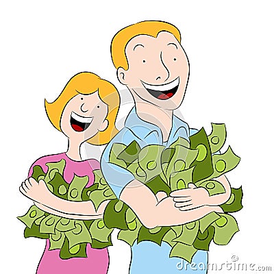 People Holding Piles of Money Vector Illustration