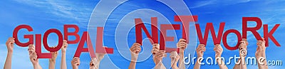 People Holding Red Word Global Network Blue Sky Stock Photo
