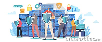 People Holding Shields Protect Server Or Hard Disks. Concept Of Secured Database, App Or Online Service For Safe Storage Vector Illustration