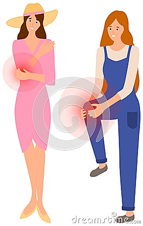 People holding their sore knee and elbow. Sad women suffering from pain in joints of arm and leg Vector Illustration