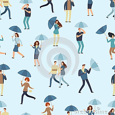 People holding umbrella, walking outdoor in rainy spring or fall day. Man, woman in raincoat seamless pattern Vector Illustration