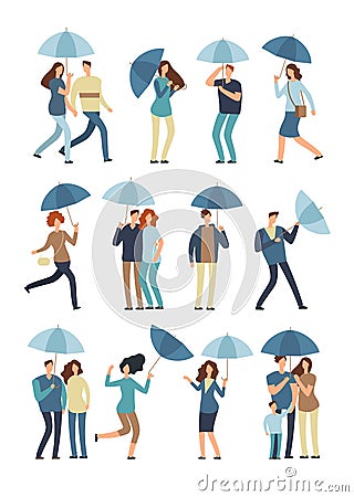 People holding umbrella, walking outdoor in rainy spring or fall day. Man, woman in raincoat under rain vector flat Vector Illustration