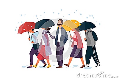 People holding umbrella, walking under the rain. Man and woman autumn characters vector illustration. Vector Illustration