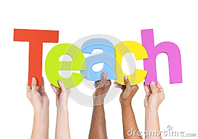 People Holding The Word Teach Stock Photo